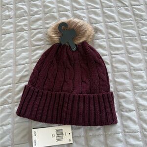Polo by Ralph Lauren Burgundy Knit Hat with Faux Fur Pom